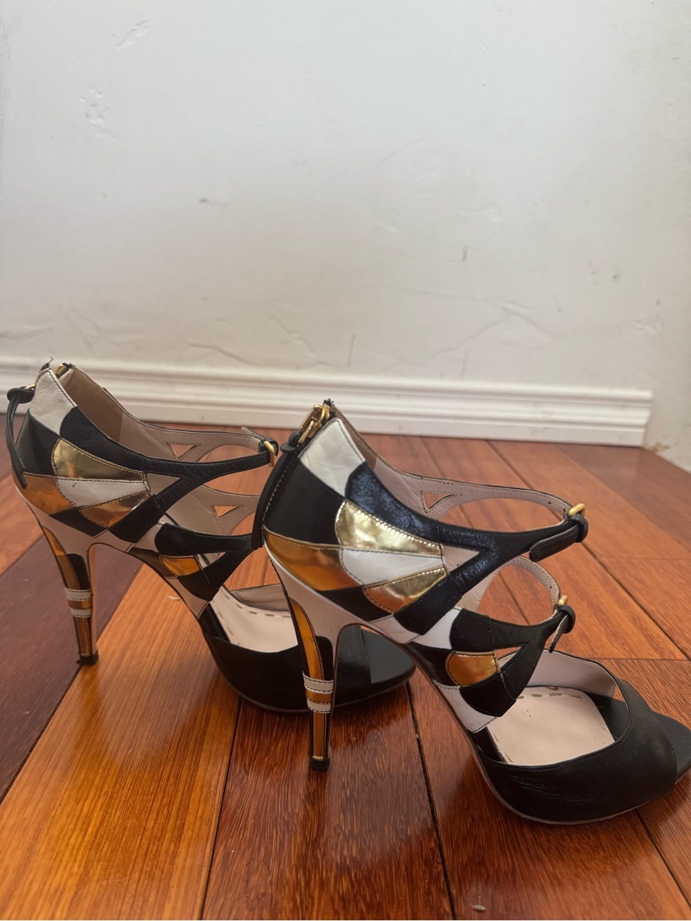 Miu Miu Black, Gold & White Strappy Stiletto Sandals